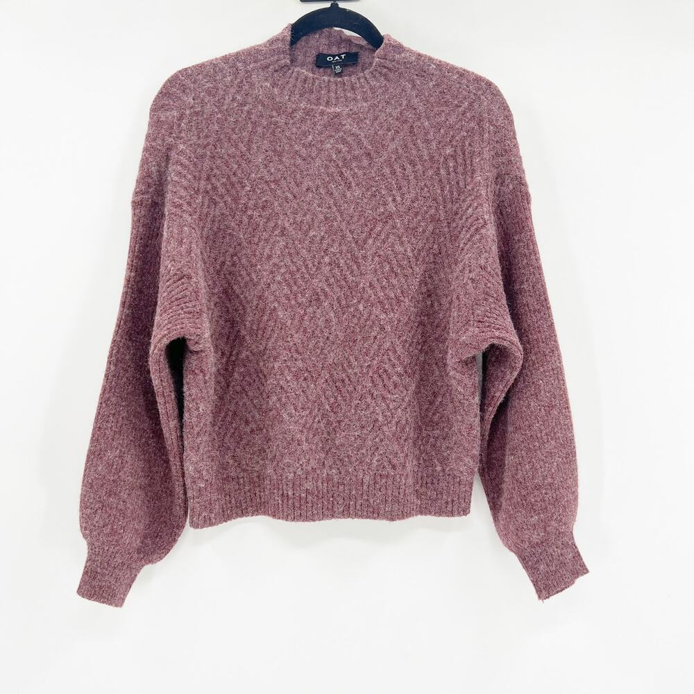 Oat Crew Neck Sweater Womens Sz S‎ Red Maroon Argyle Rib Oversized Knit Pullover